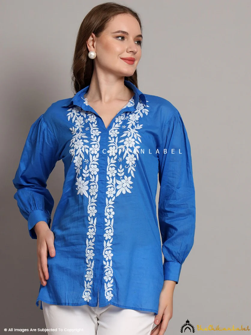 Drisha Mulmul Cotton Chikankari Shirt - Blue - Image 6