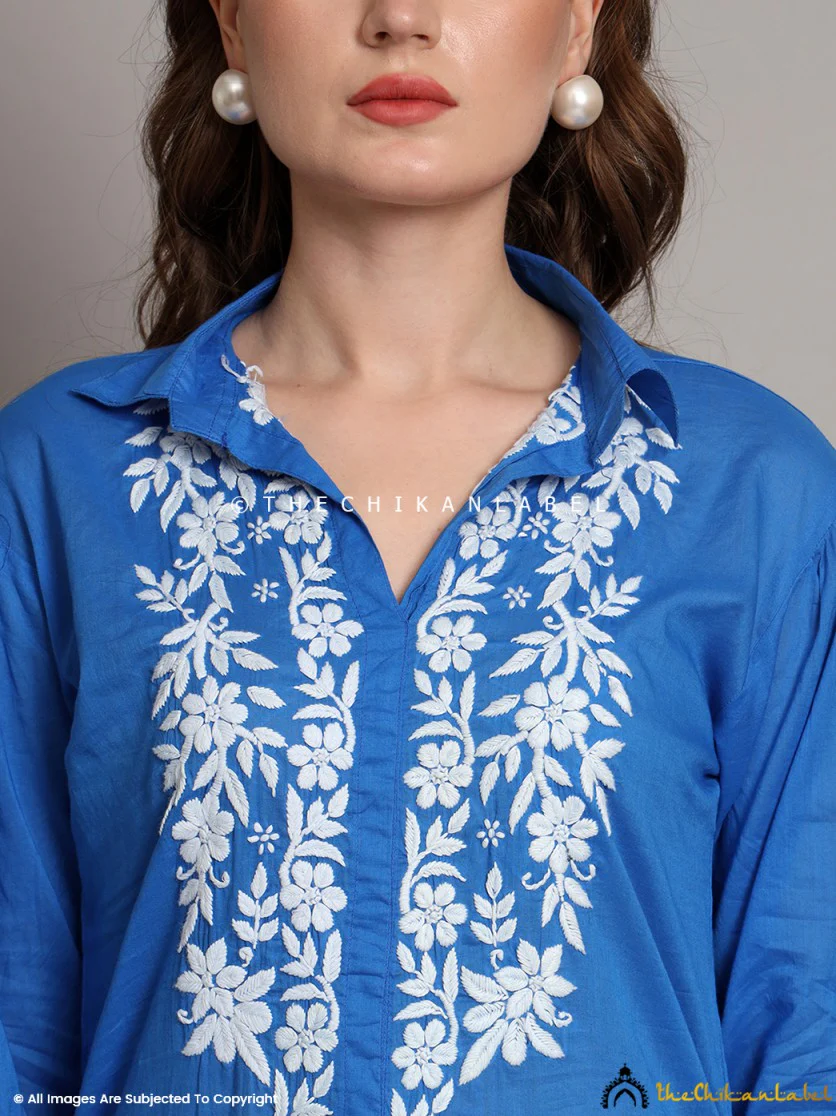 Drisha Mulmul Cotton Chikankari Shirt - Blue - Image 7