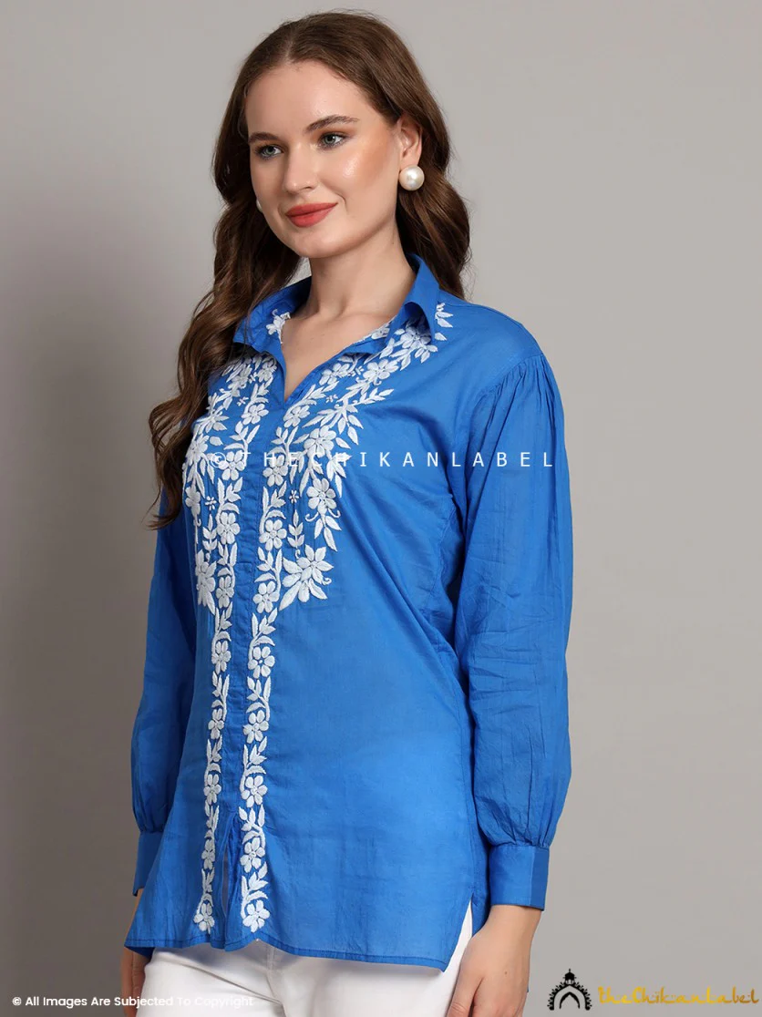 Drisha Mulmul Cotton Chikankari Shirt - Blue - Image 9