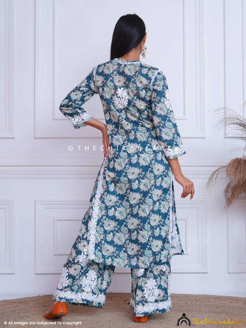 Fara Mulmul Cotton Chikankari Kurta Set - Blue - Image 3