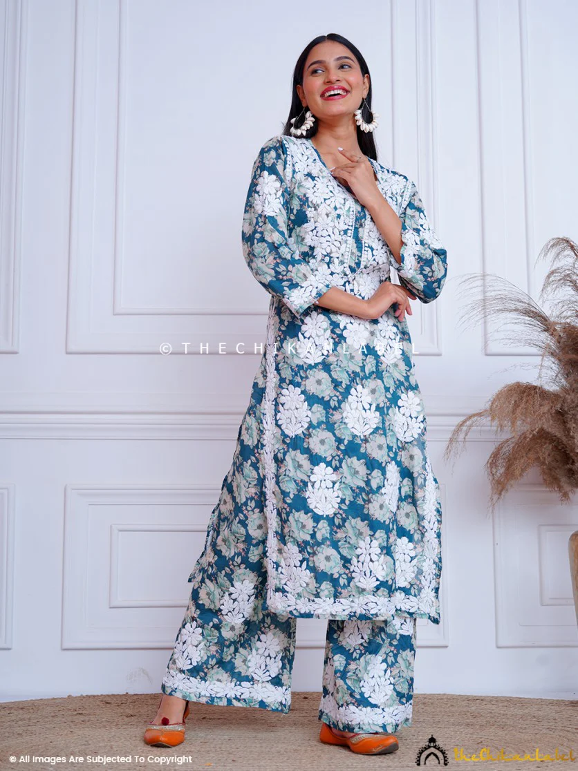 Fara Mulmul Cotton Chikankari Kurta Set - Blue - Image 4