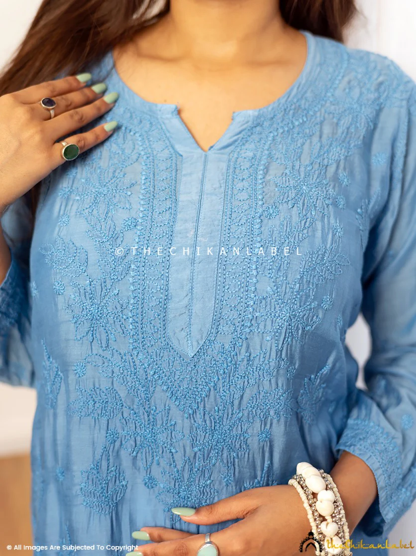 Jivika Muslin Chikankari Straight Kurti-Blue - Image 2