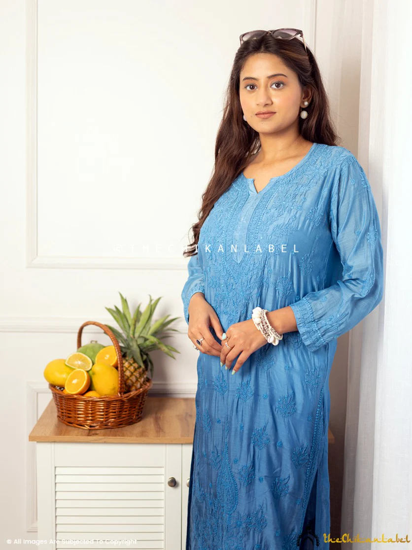 Jivika Muslin Chikankari Straight Kurti-Blue - Image 4