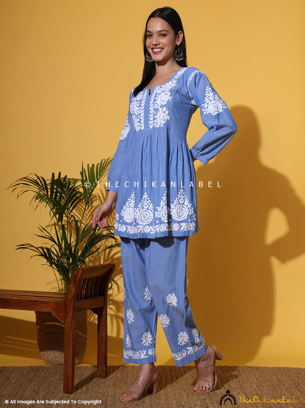Laiba Denim Chikankari Short Kurta Set-Blue - Image 10