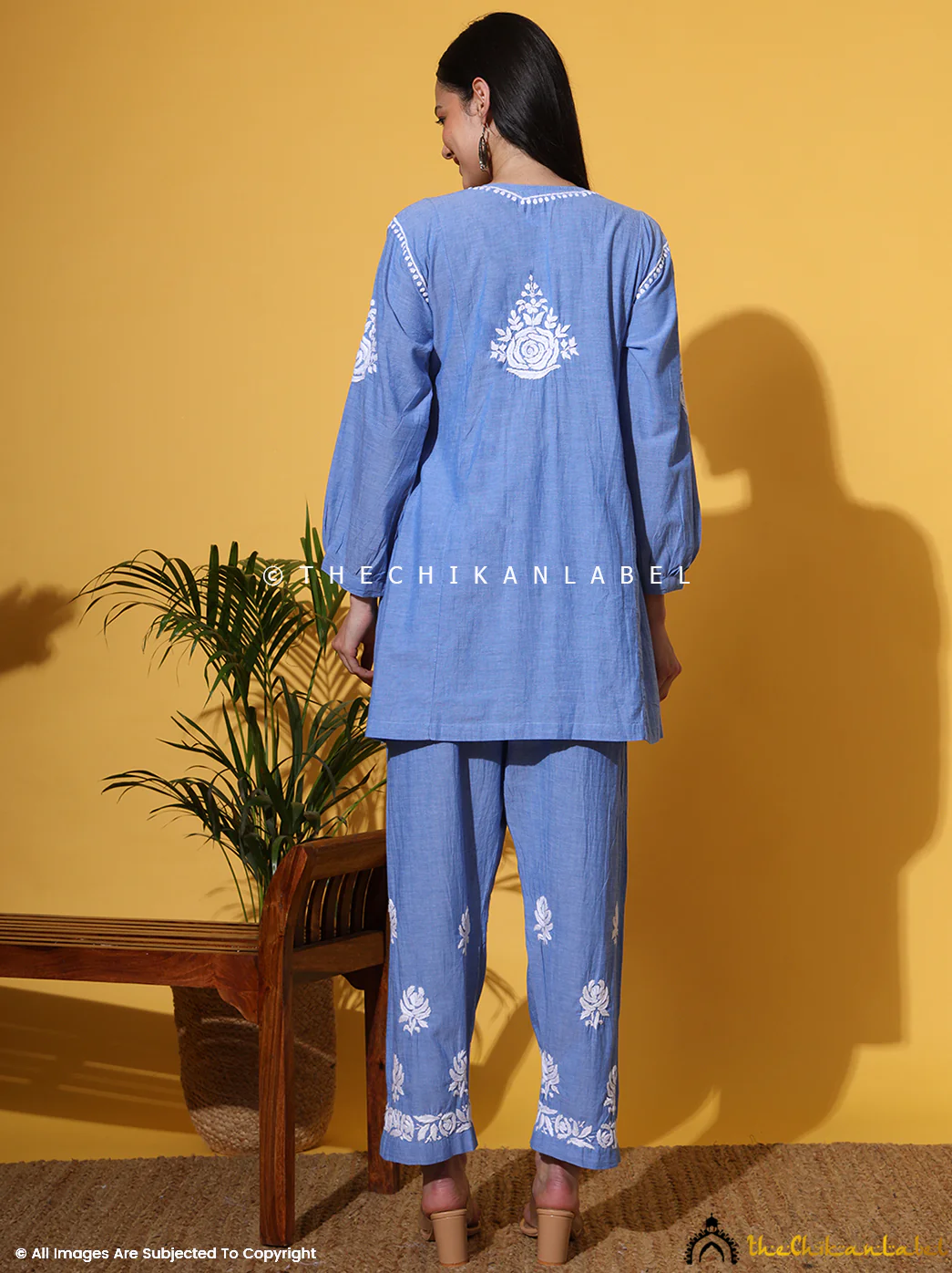 Laiba Denim Chikankari Short Kurta Set-Blue - Image 3