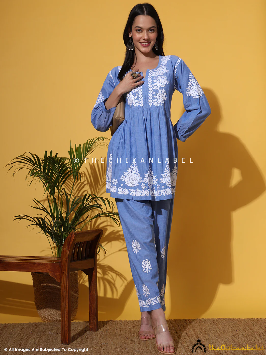 Laiba Denim Chikankari Short Kurta Set-Blue - Image 4