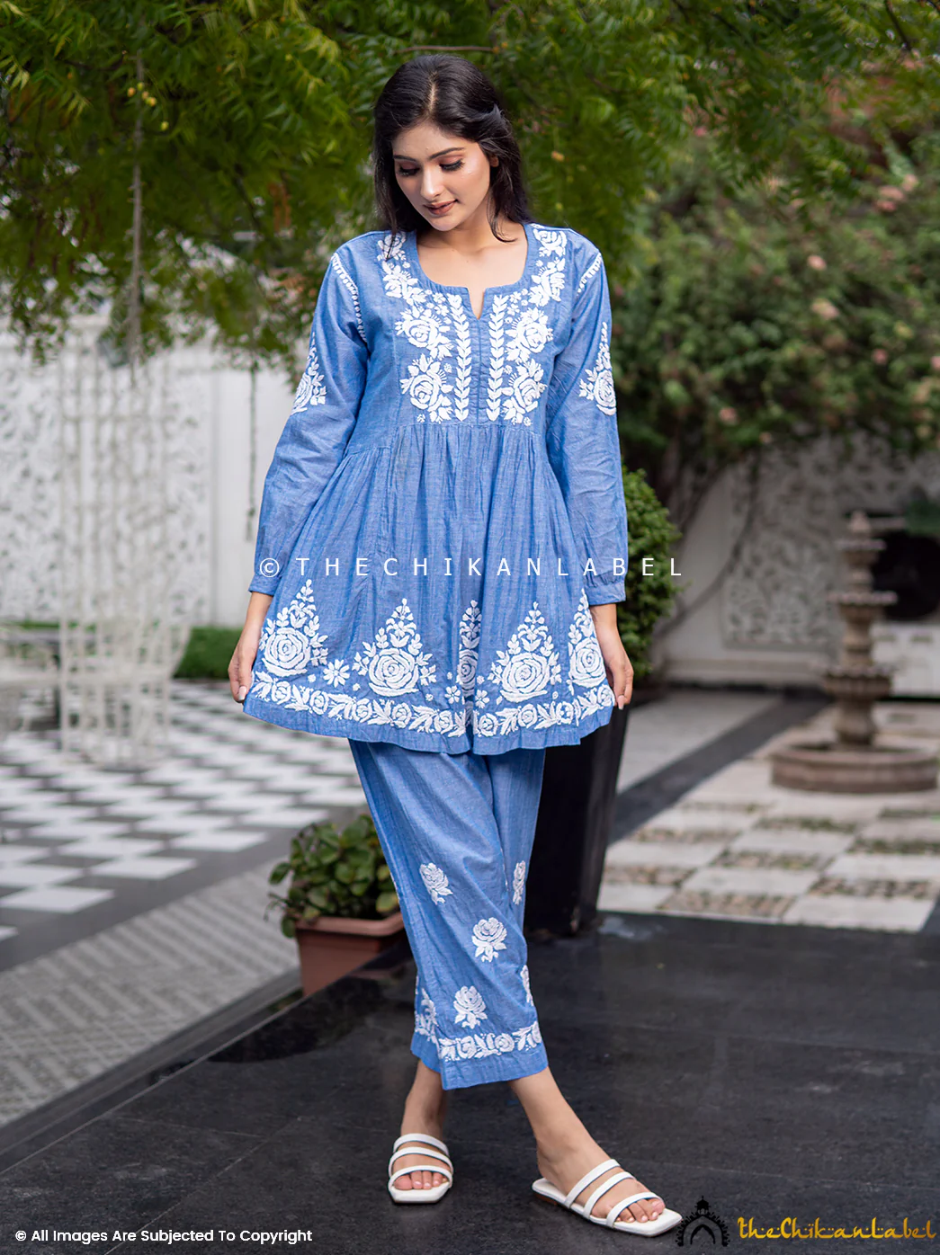Laiba Denim Chikankari Short Kurta Set-Blue - Image 5