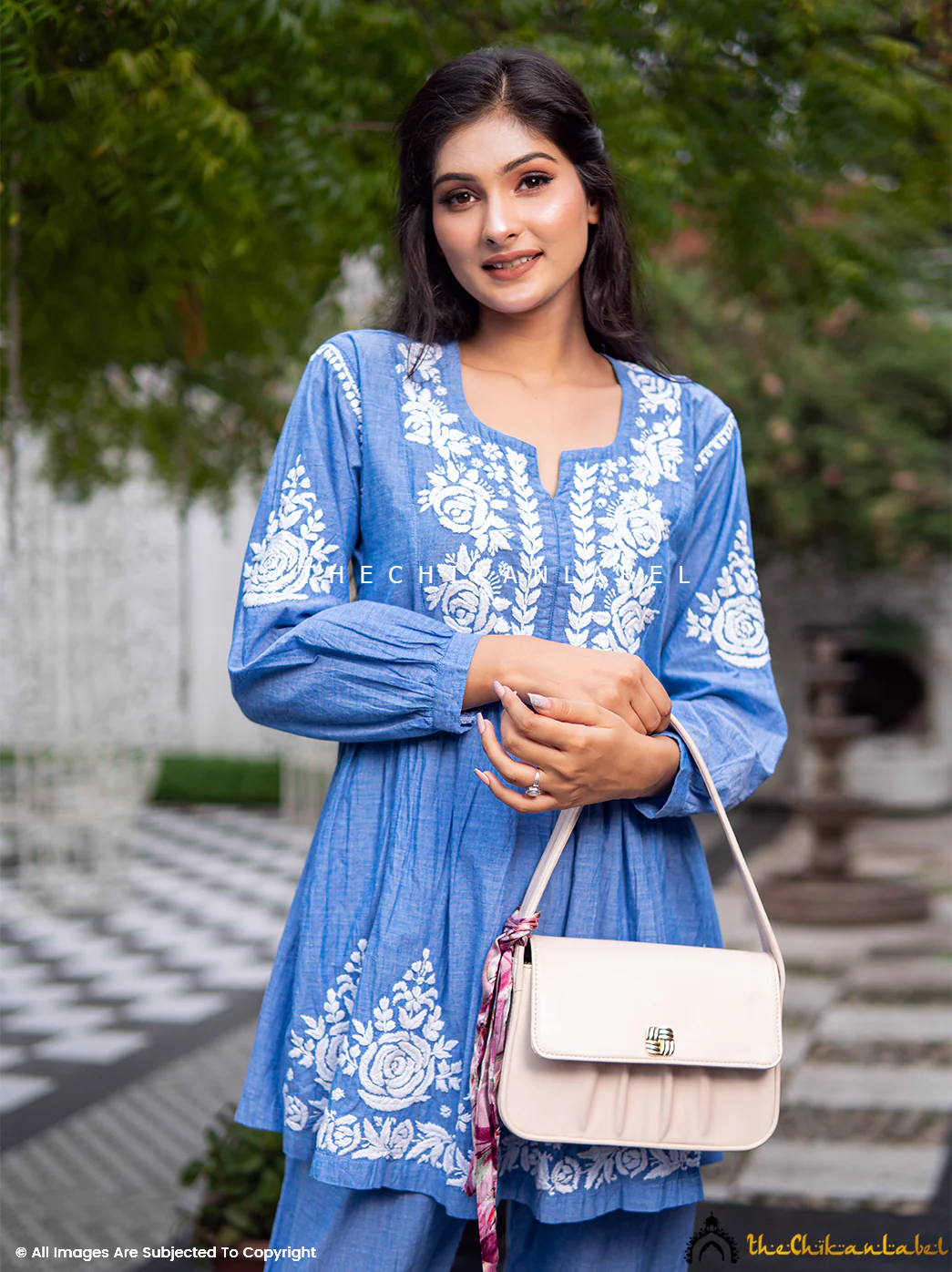 Laiba Denim Chikankari Short Kurta Set-Blue - Image 6