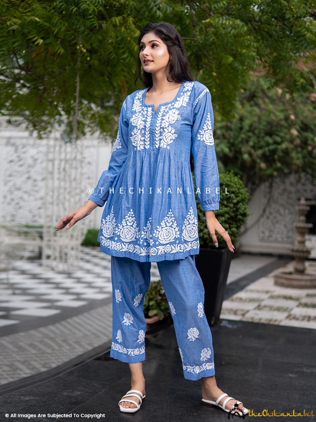 Laiba Denim Chikankari Short Kurta Set-Blue - Image 9