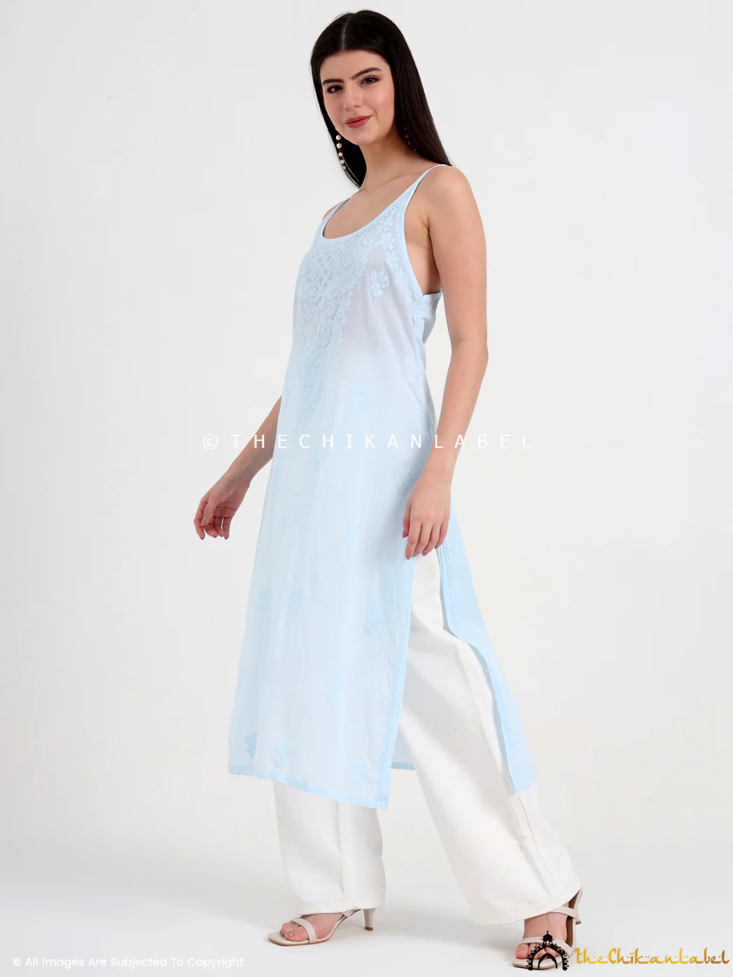 Maham Cotton Chikankari Strappy Kurta - Blue - Image 3
