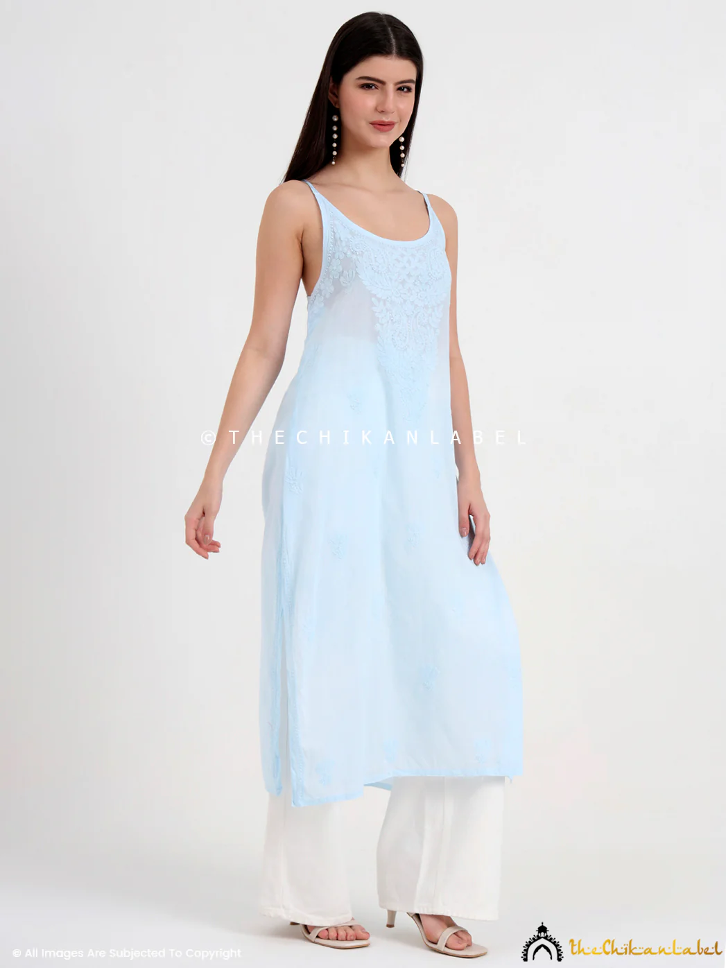 Maham Cotton Chikankari Strappy Kurta - Blue - Image 4