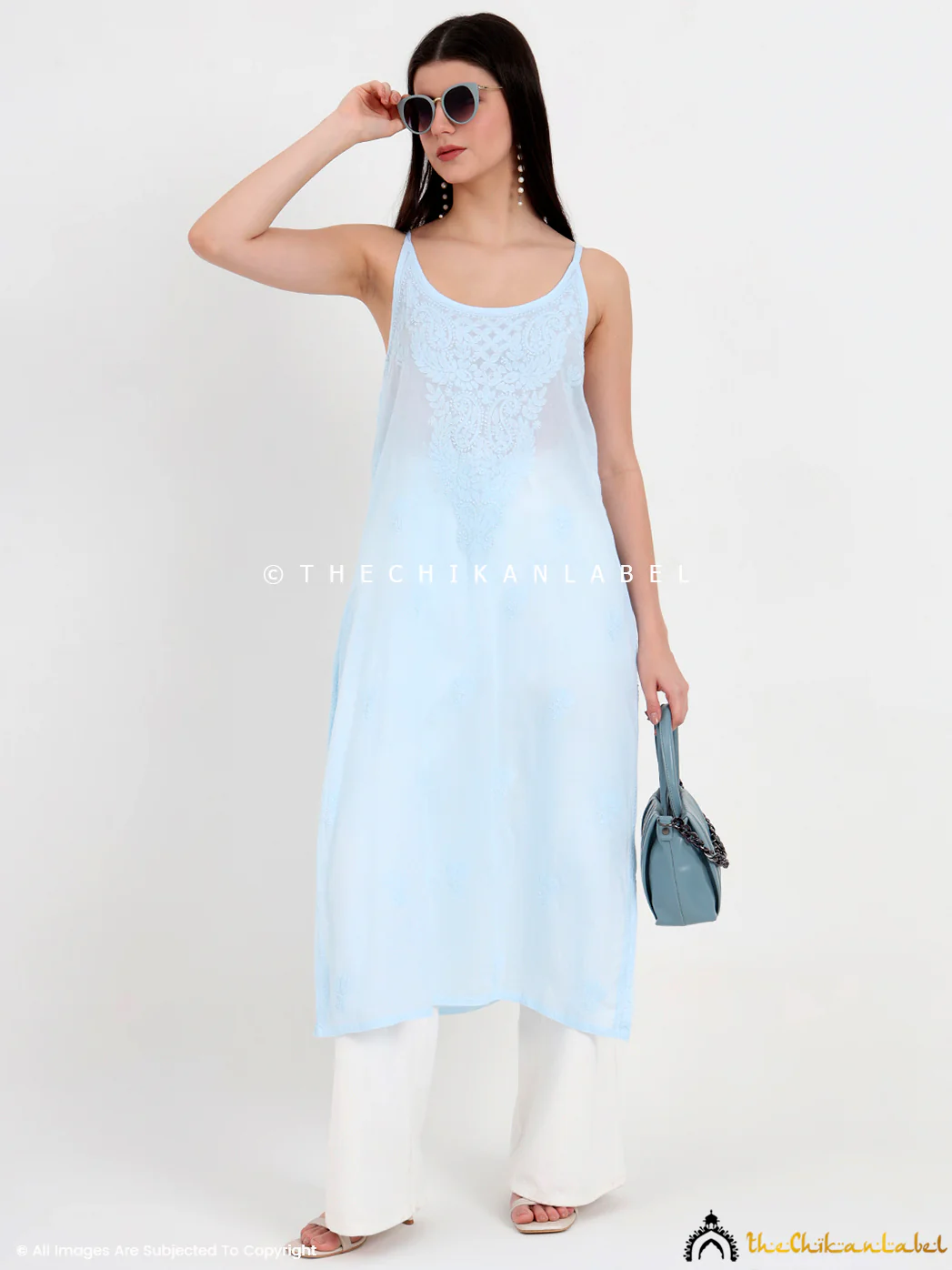 Maham Cotton Chikankari Strappy Kurta - Blue - Image 5