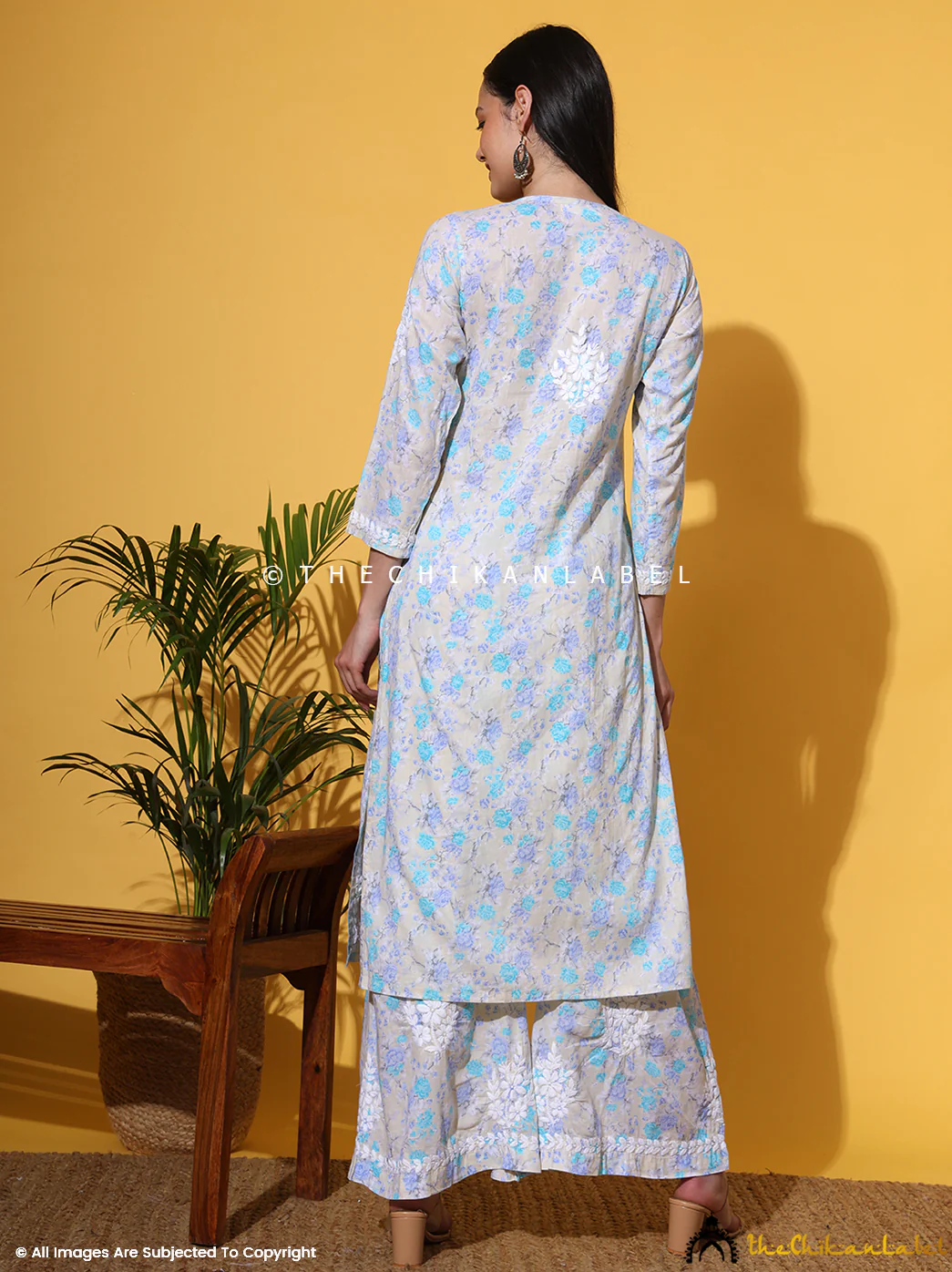 Meher Mulmul Cotton Chikankari Kurta Set - Blue - Image 3