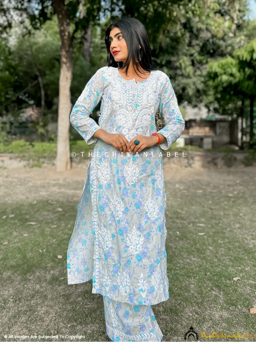 Meher Mulmul Cotton Chikankari Kurta Set - Blue - Image 4