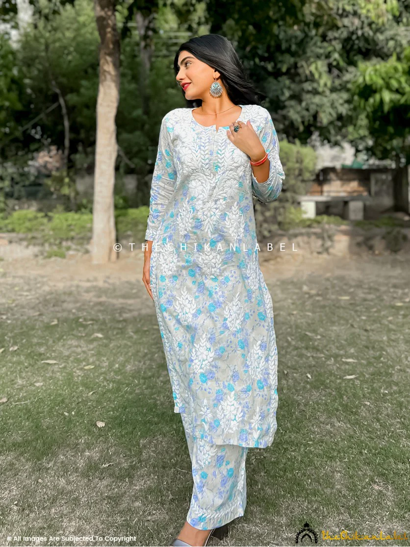 Meher Mulmul Cotton Chikankari Kurta Set - Blue - Image 6