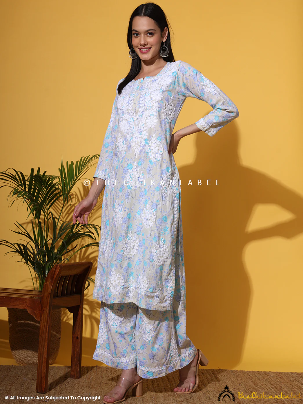 Meher Mulmul Cotton Chikankari Kurta Set - Blue - Image 9