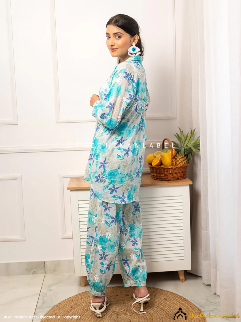 Nadira Mulmul Cotton Chikankari Co-ord Set - Blue - Image 3
