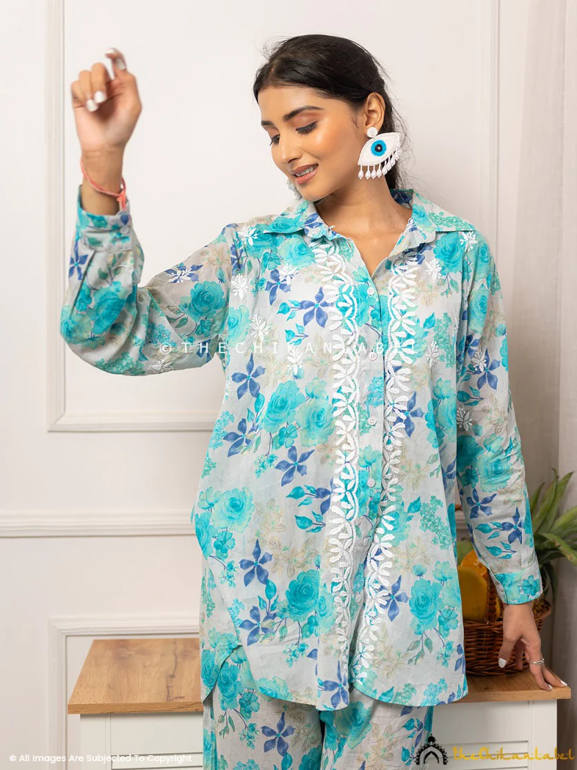 Nadira Mulmul Cotton Chikankari Co-ord Set - Blue - Image 4
