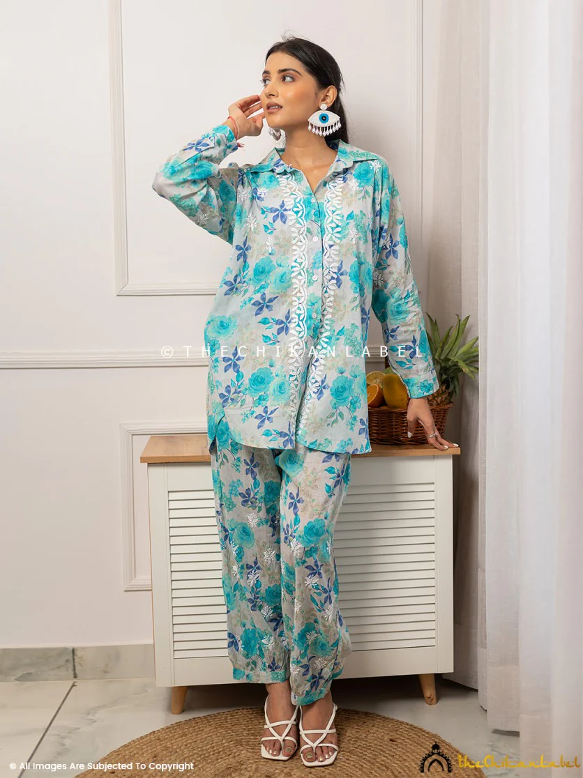 Nadira Mulmul Cotton Chikankari Co-ord Set - Blue - Image 5