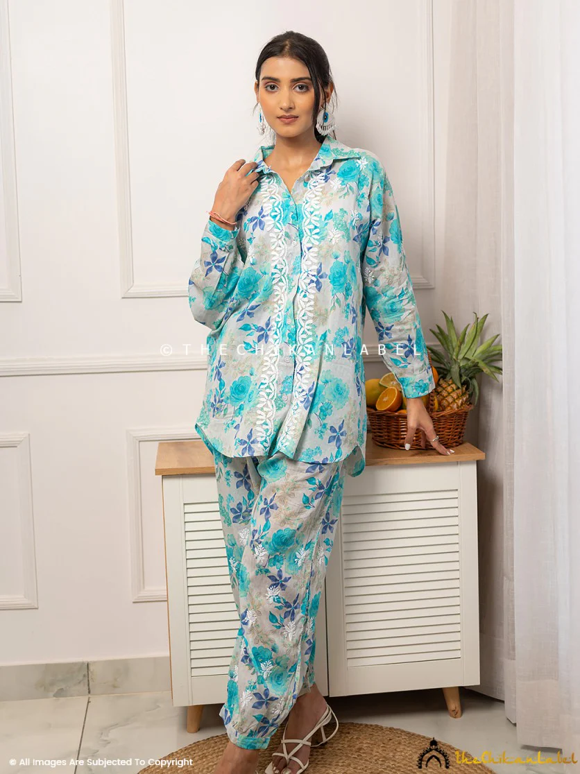 Nadira Mulmul Cotton Chikankari Co-ord Set - Blue - Image 6