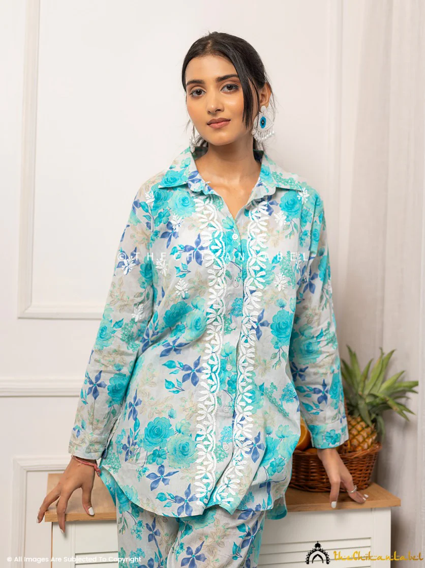 Nadira Mulmul Cotton Chikankari Co-ord Set - Blue - Image 7