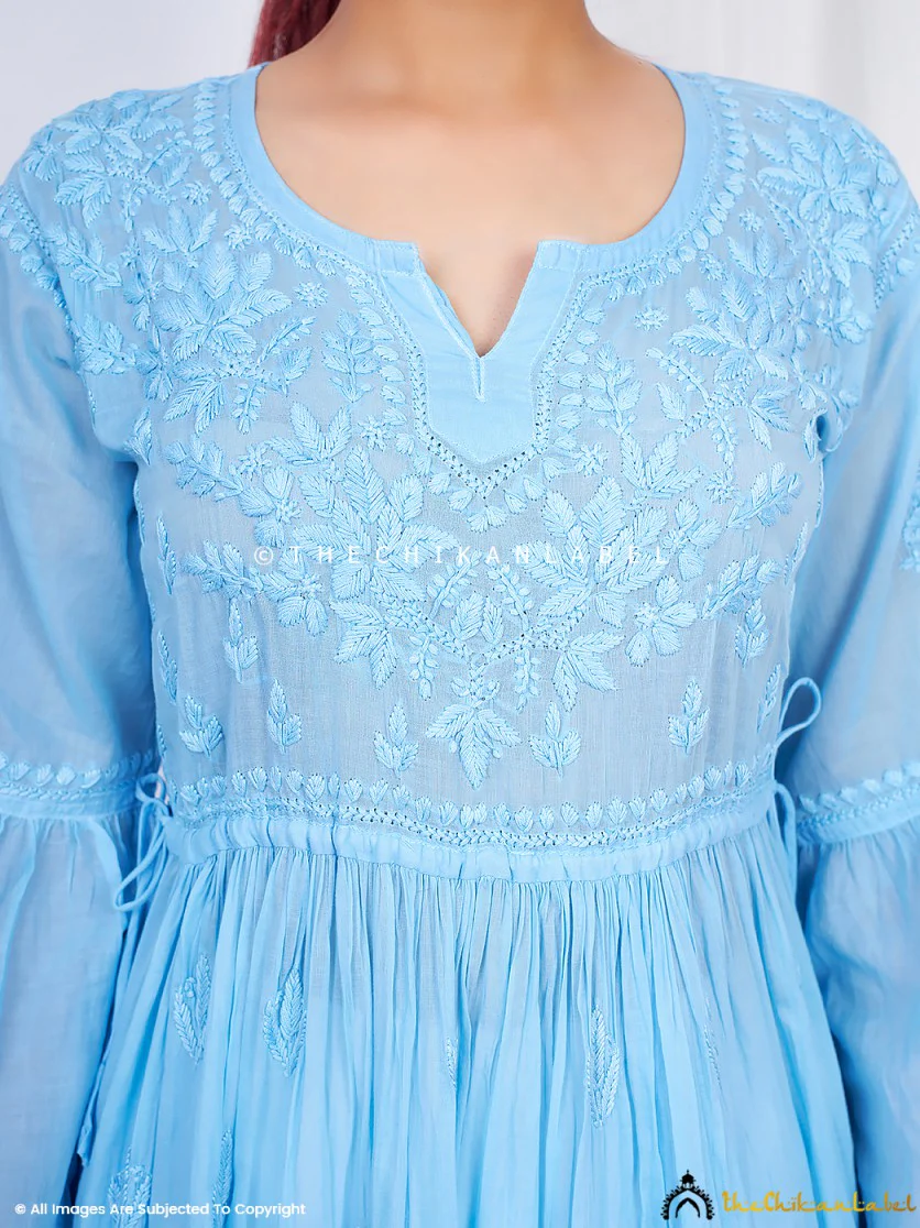 Nisa Mulmul Chikankari A-Line Kurti -Blue - Image 2