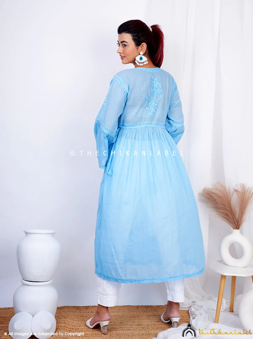 Nisa Mulmul Chikankari A-Line Kurti -Blue - Image 3