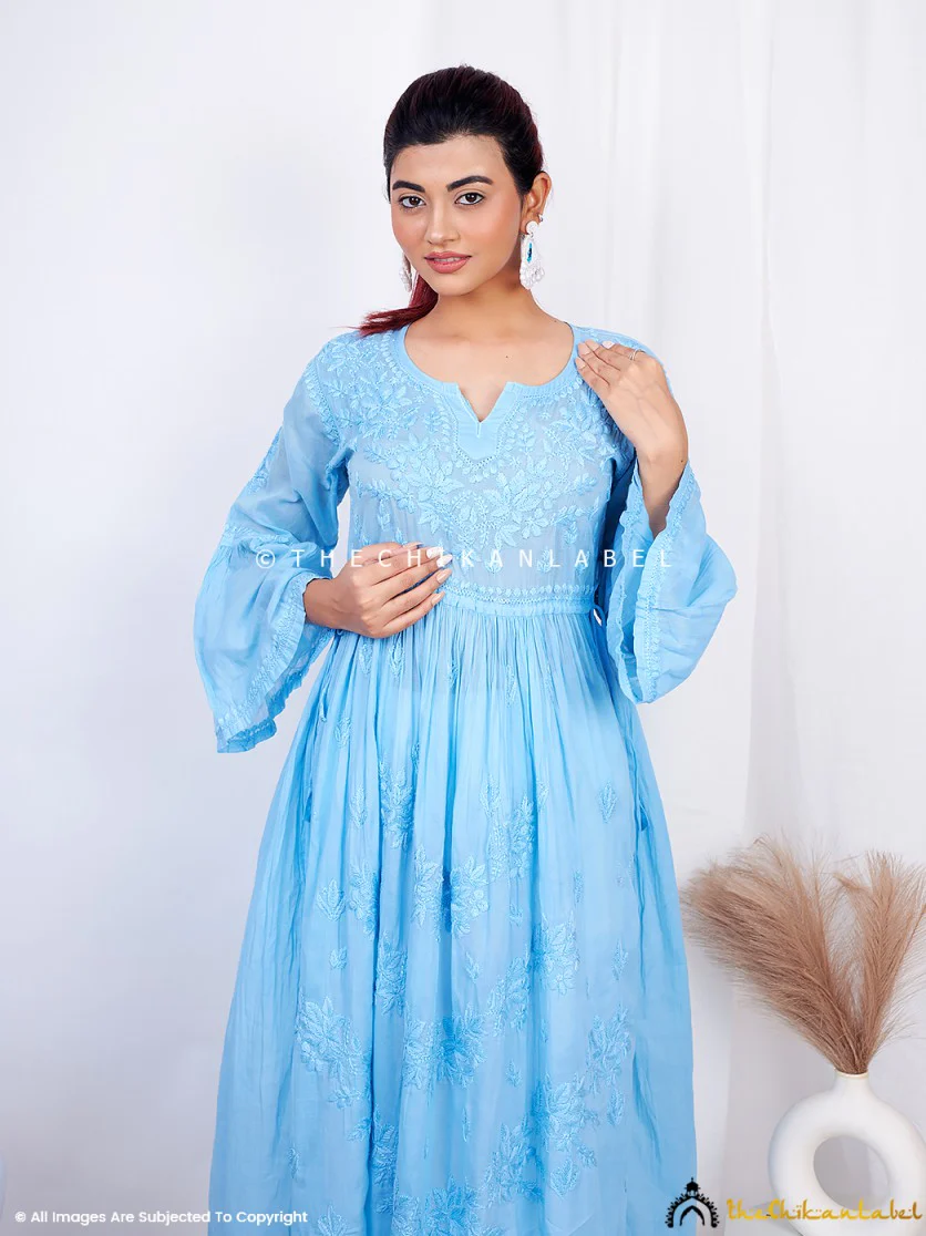 Nisa Mulmul Chikankari A-Line Kurti -Blue - Image 4