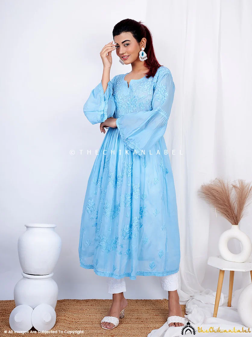 Nisa Mulmul Chikankari A-Line Kurti -Blue - Image 5