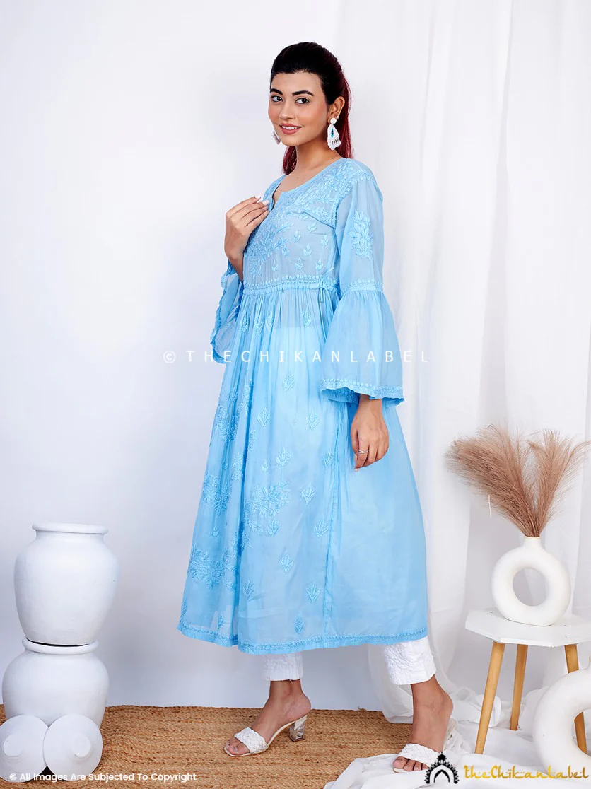 Nisa Mulmul Chikankari A-Line Kurti -Blue - Image 6