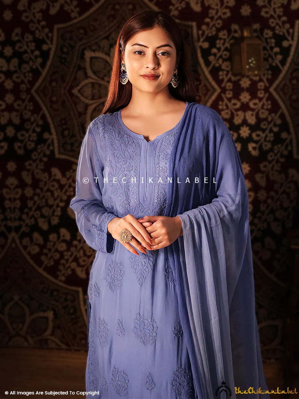 Blue Noor Viscose Chikankari Straight Kurta Set with Dupatta - Image 2