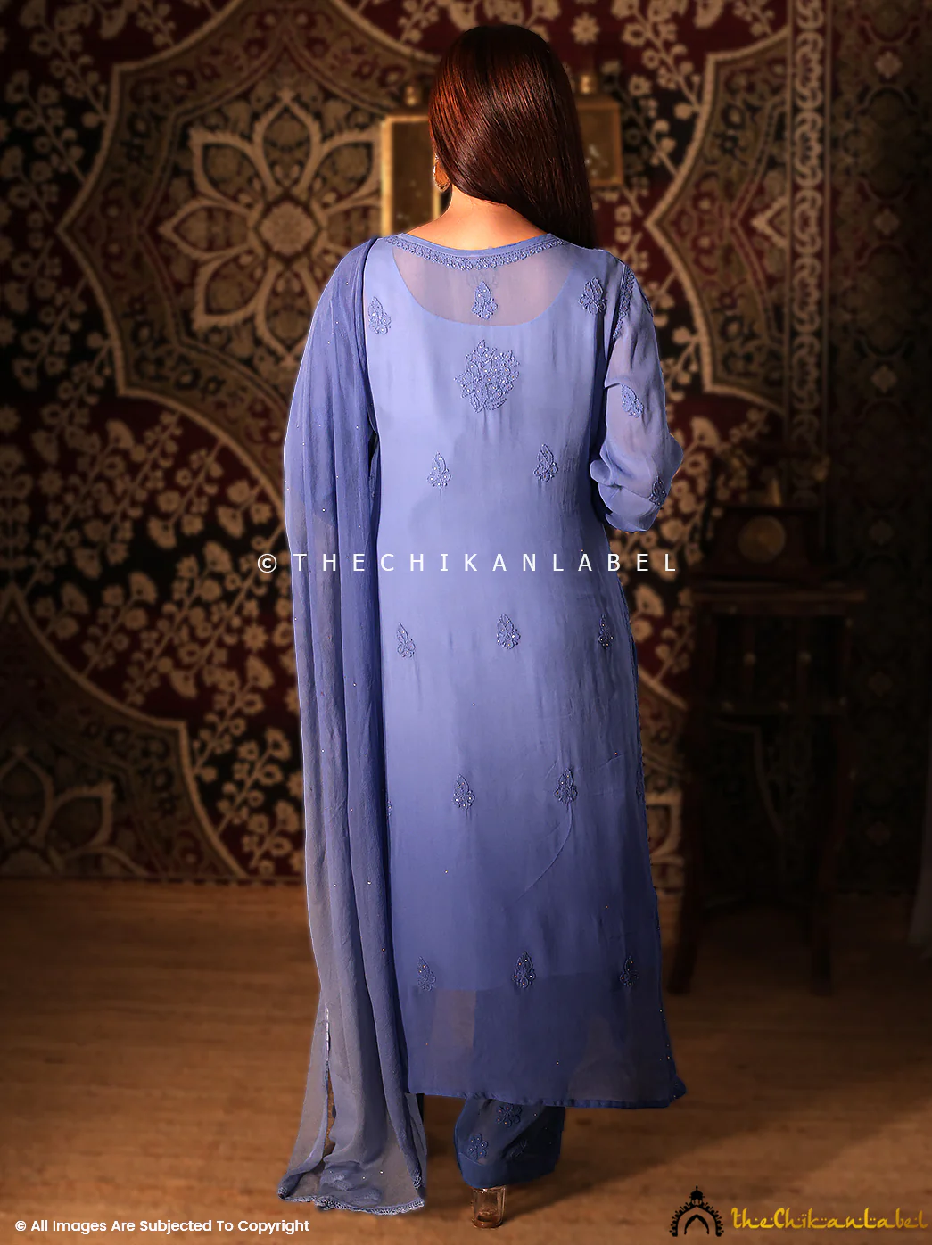 Blue Noor Viscose Chikankari Straight Kurta Set with Dupatta - Image 3