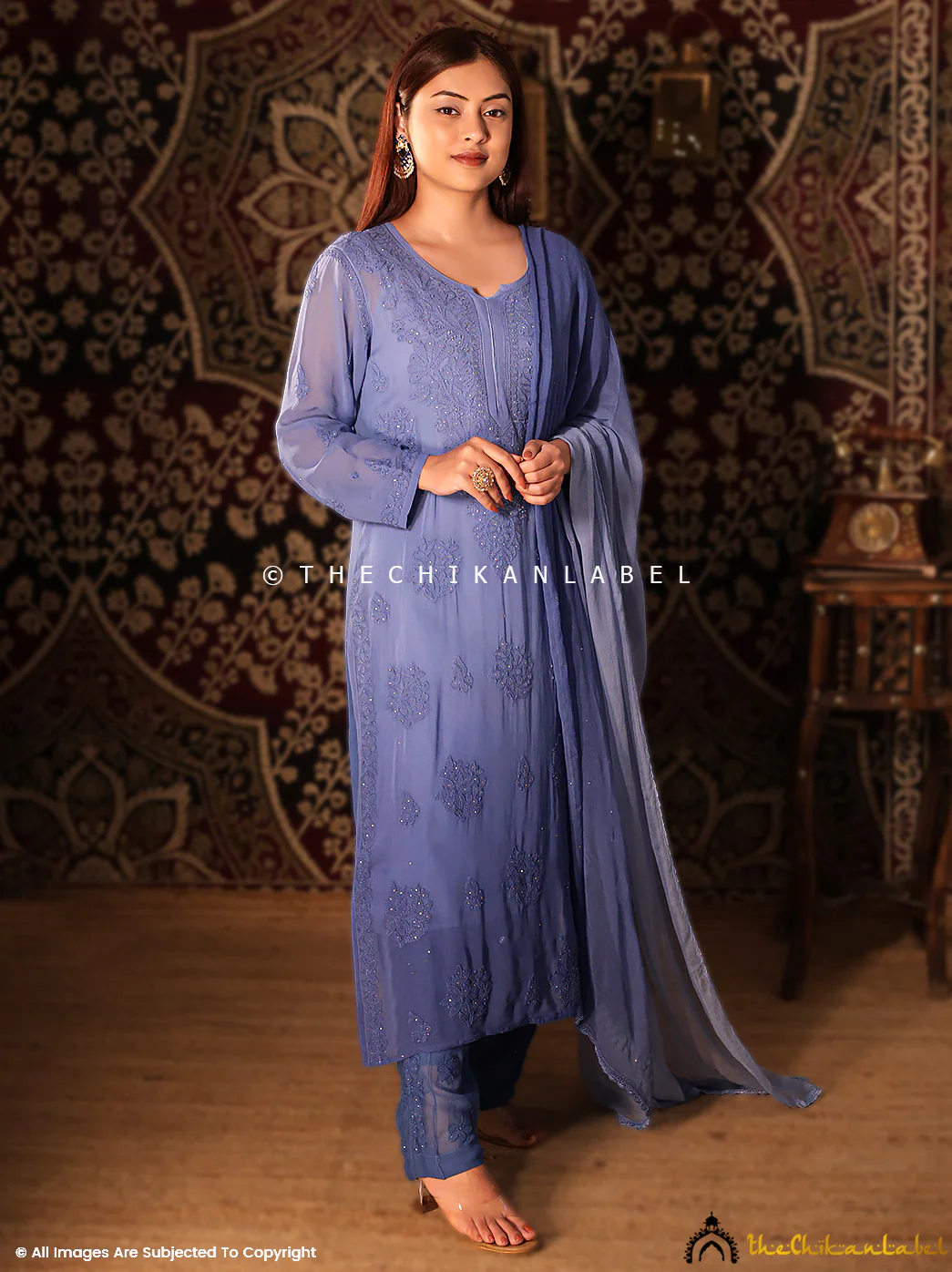 Blue Noor Viscose Chikankari Straight Kurta Set with Dupatta - Image 4