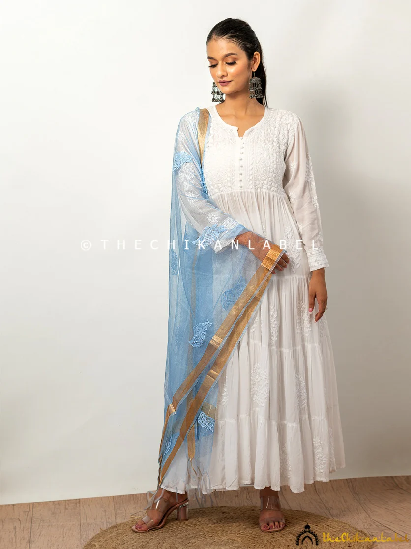 Blue Organza Chikankari Dupatta Lucknawi Chikan Handmade Stole Scarf - Image 3
