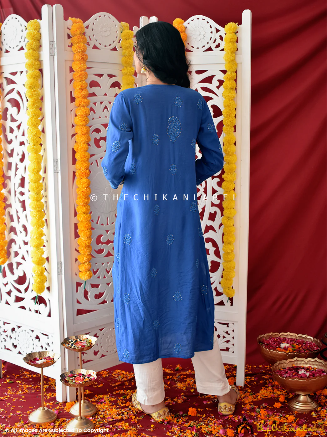 Blue Rooh Chanderi Chikankari A-Line Kurti - Image 3
