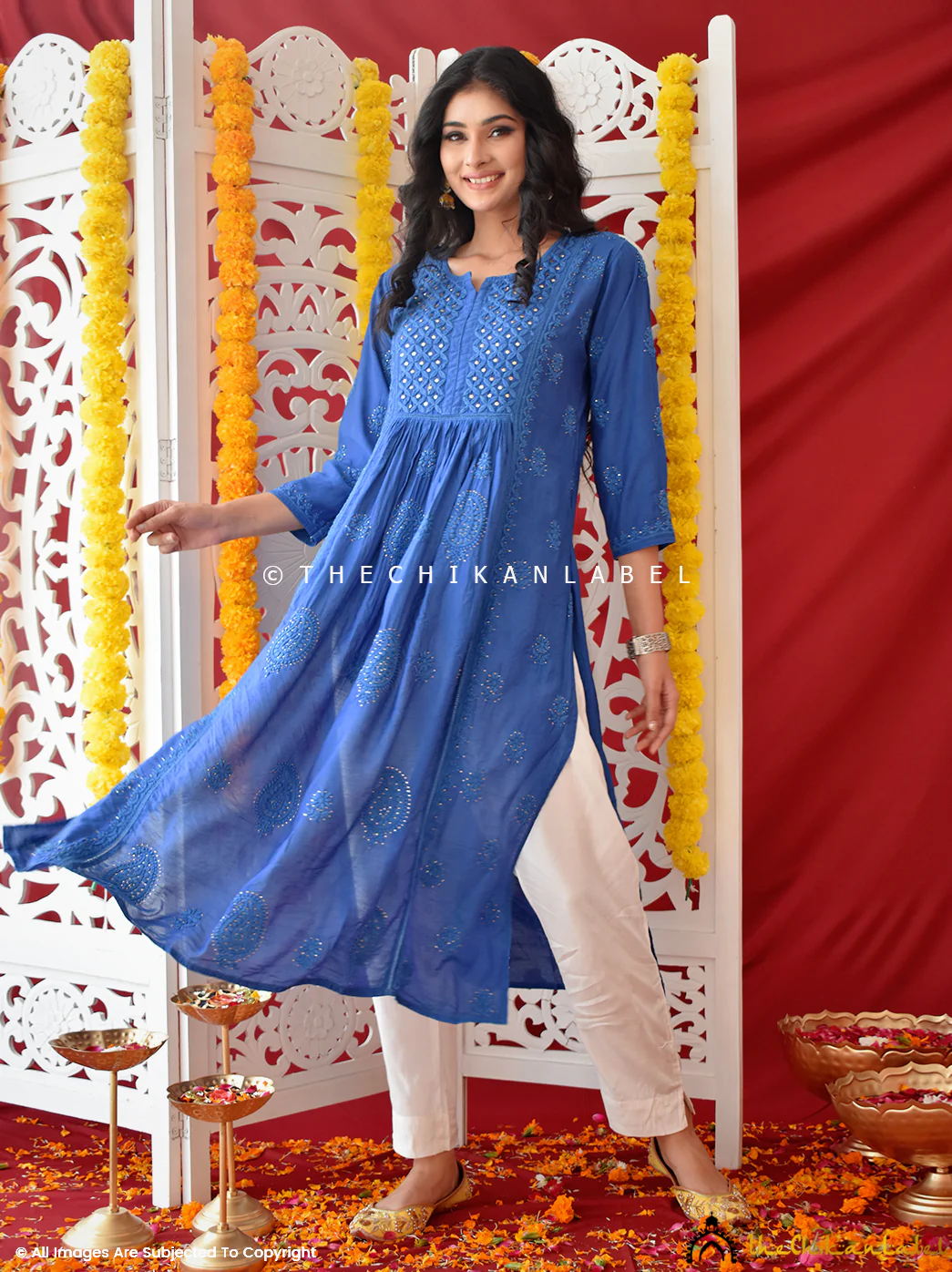 Blue Rooh Chanderi Chikankari A-Line Kurti - Image 5