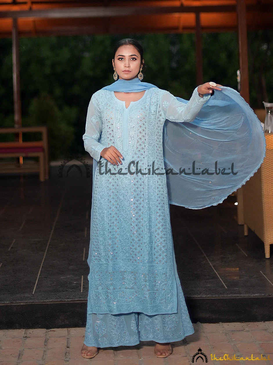 Ruhani Viscose Chikankari Straight Kurta Set with Dupatta - Blue - Image 3