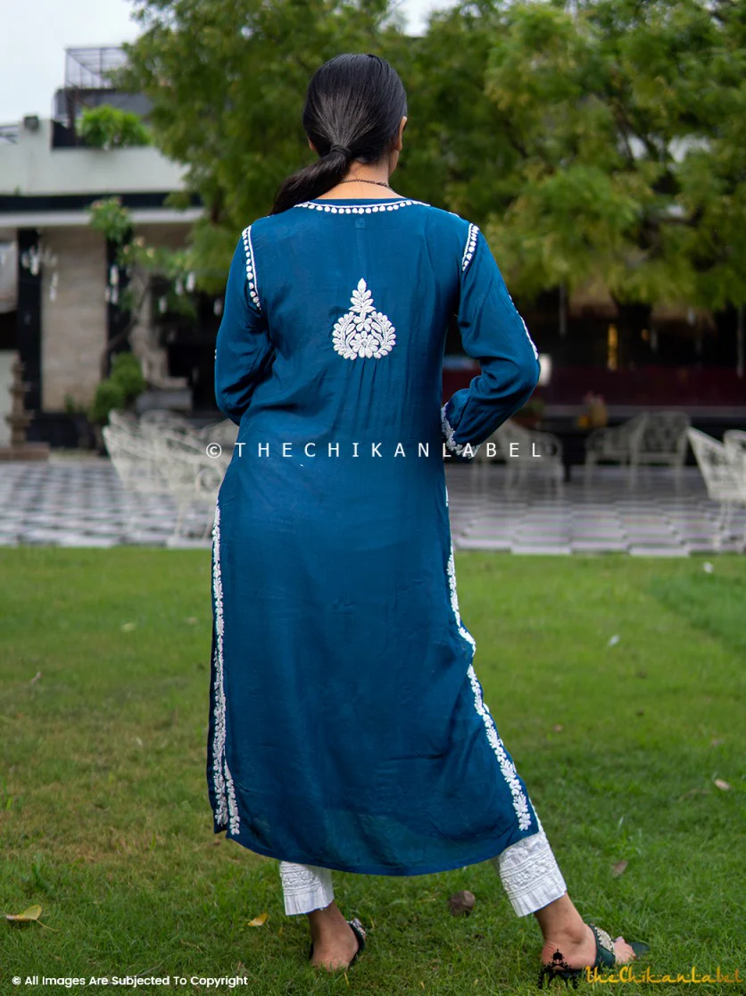 Blue Safa Muslin Chikankari Straight Kurti - Image 3