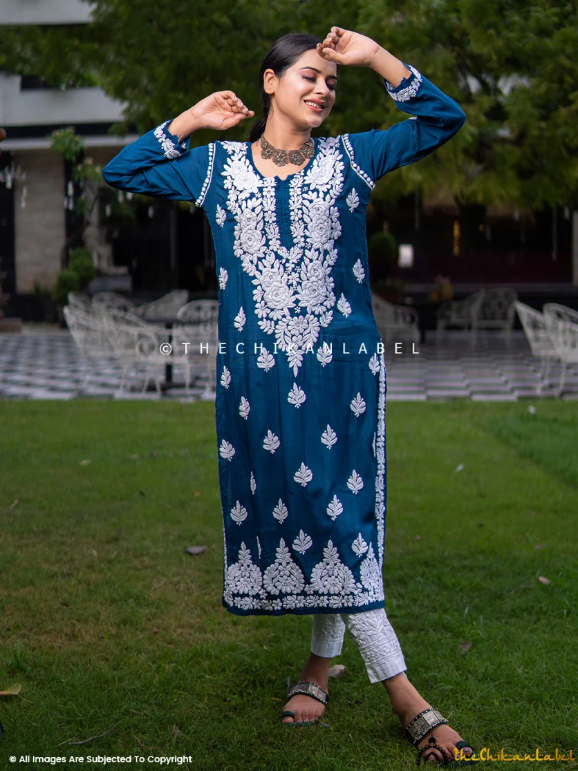 Blue Safa Muslin Chikankari Straight Kurti - Image 4