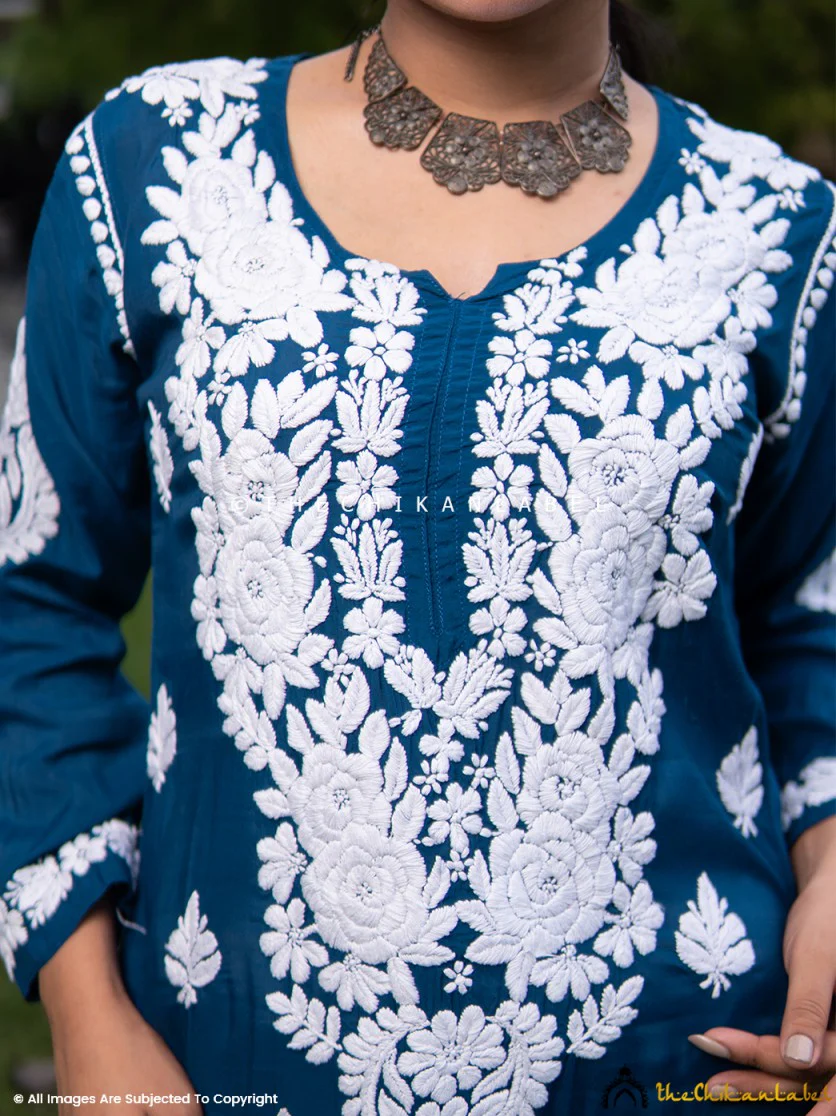 Blue Safa Muslin Chikankari Straight Kurti - Image 5