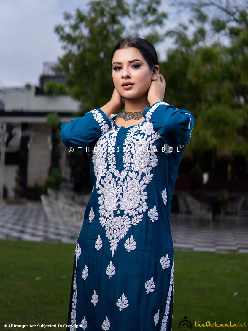Blue Safa Muslin Chikankari Straight Kurti - Image 6