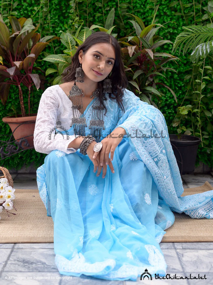 blue sahira georgette chikankari half jaal saree - Image 3