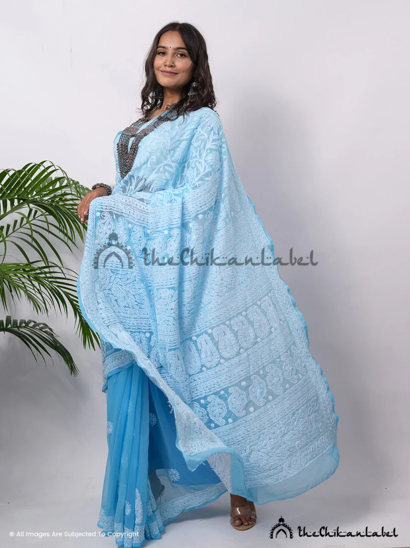 blue sahira georgette chikankari half jaal saree - Image 4