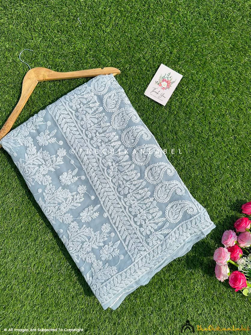blue sahira georgette chikankari half jaal saree - Image 5