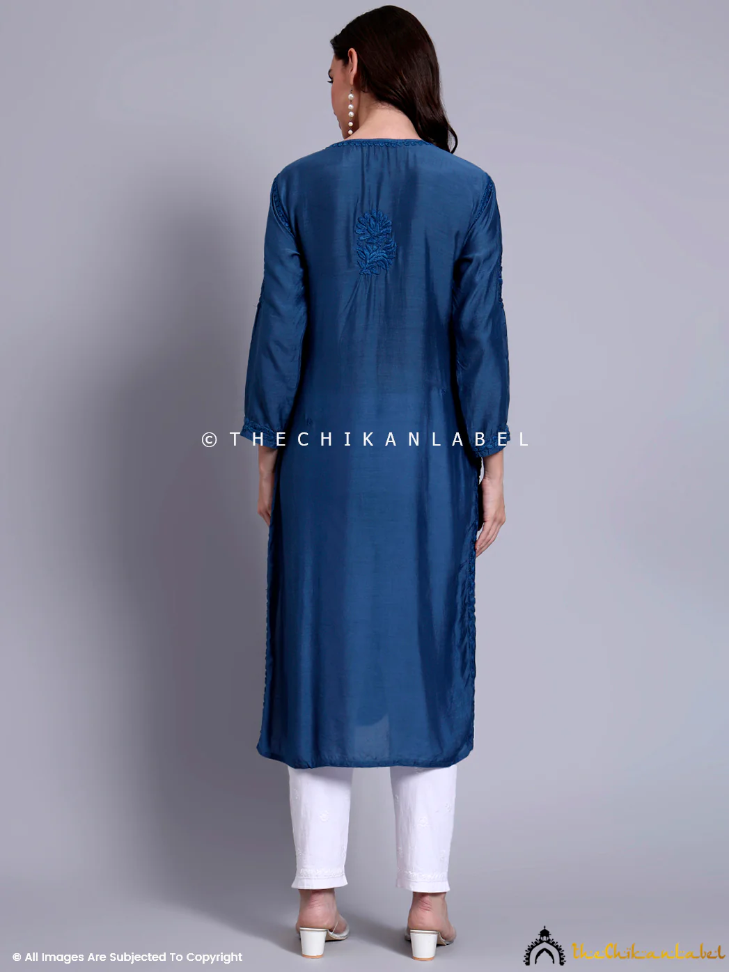 Sama Muslin Chikankari Straight Kurti - Blue - Image 3