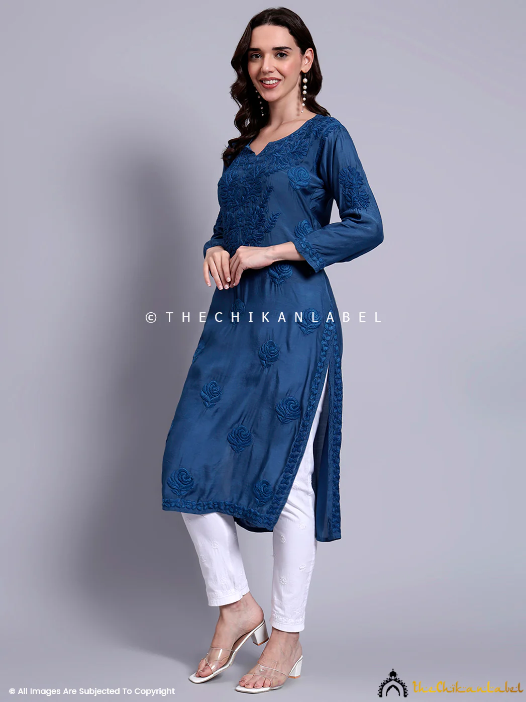 Sama Muslin Chikankari Straight Kurti - Blue - Image 4