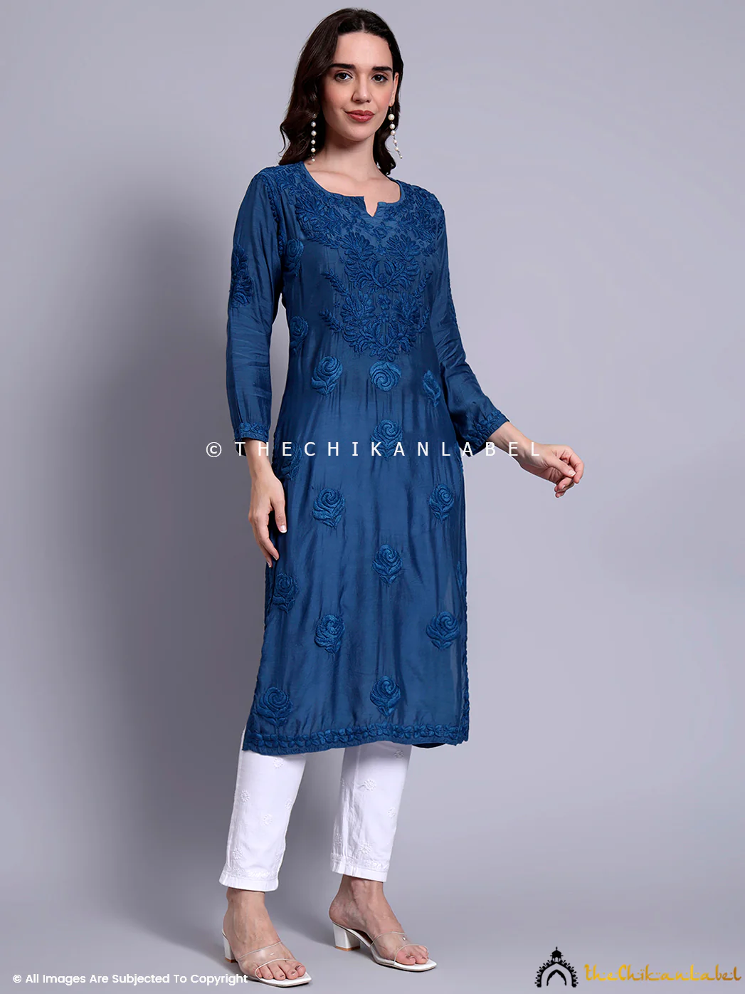 Sama Muslin Chikankari Straight Kurti - Blue - Image 5