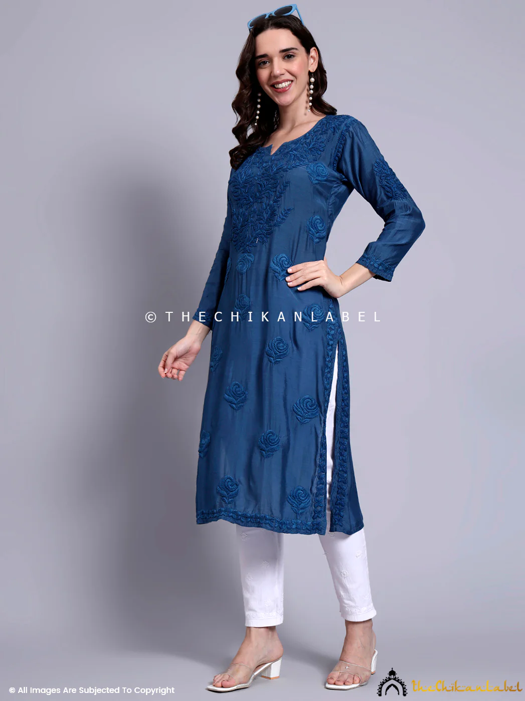 Sama Muslin Chikankari Straight Kurti - Blue - Image 6