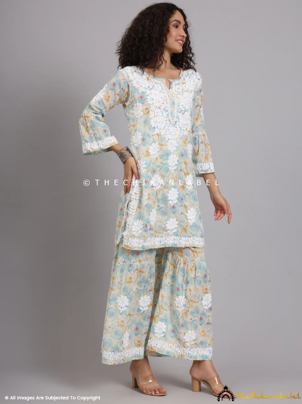 Tarz Mulmul Cotton Chikankari Kurta Garara Set - Blue - Image 10