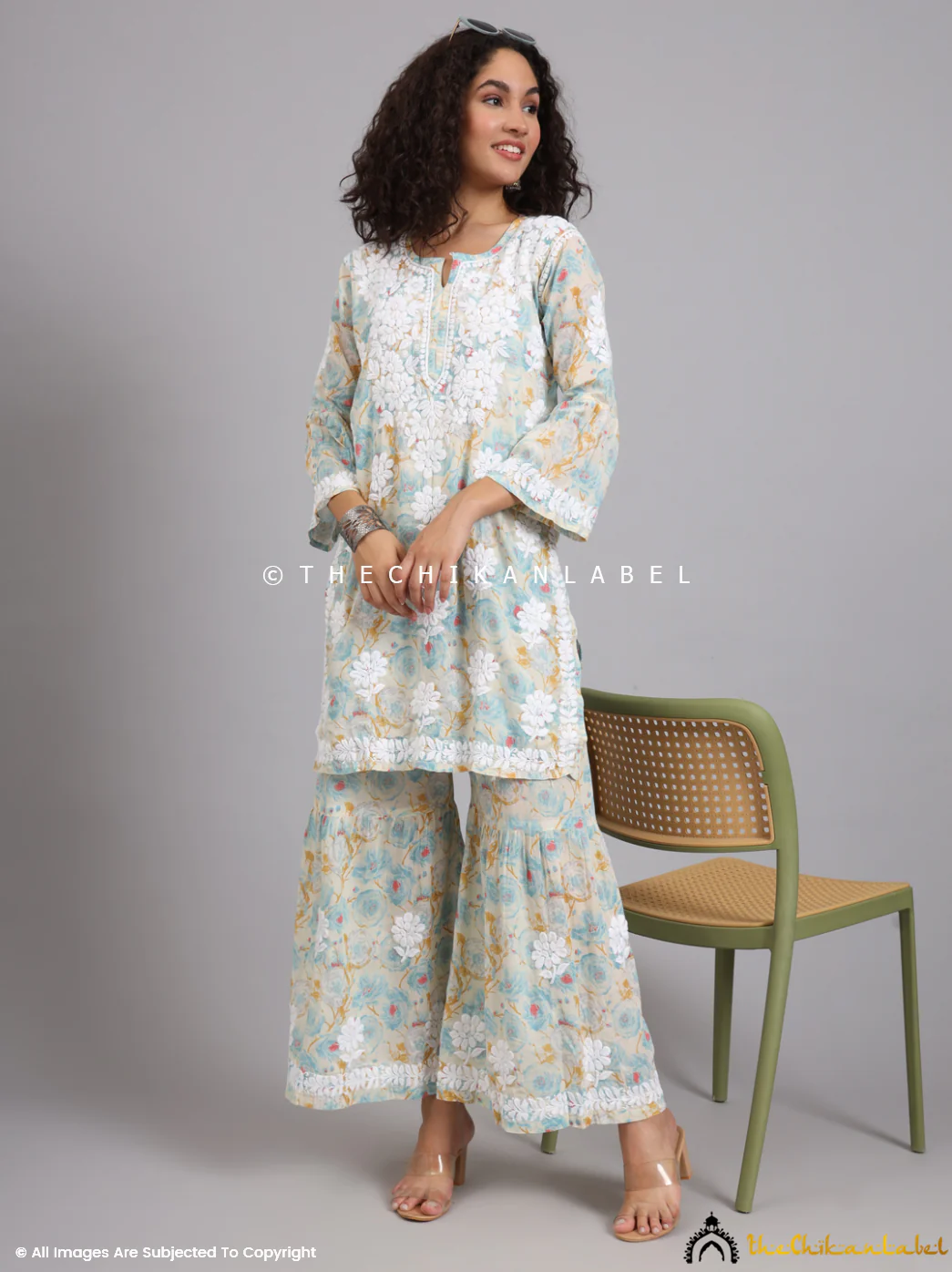 Tarz Mulmul Cotton Chikankari Kurta Garara Set - Blue - Image 11